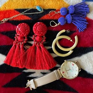 Earrings, bracelet, watch from top shop, made well, Kendra Scott & Kate spade